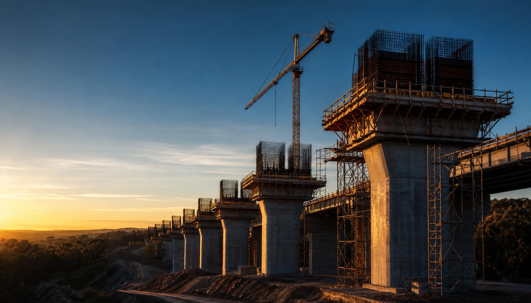 Major Australian concrete bridge/viaduct under construction at golden hour - tall concrete piers with rebar cages, formwork and scaffolding, tower crane above, earthworks below, no people.
