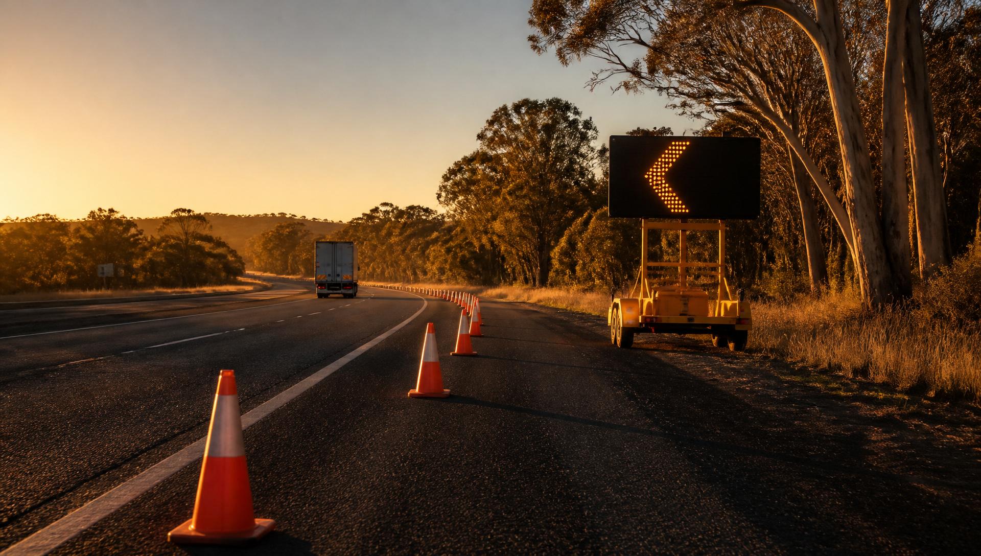 Australian highway traffic-management set-up at golden hour - taper of orange cones, trailer-mounted arrow board with illuminated chevron symbol, prime mover in the distance, gum trees, no people.