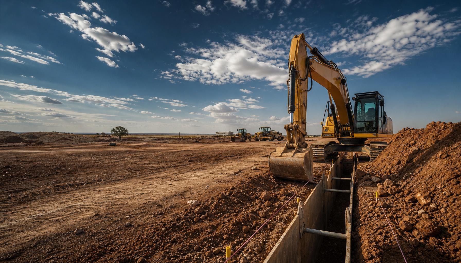 Tracked hydraulic excavator digging a trench in red-brown soil on an Australian civil site, bucket low in normal digging position, spoil piles, properly shored trench walls, survey pegs and stringlines, plant parked in the background under a big Australian sky, no people.