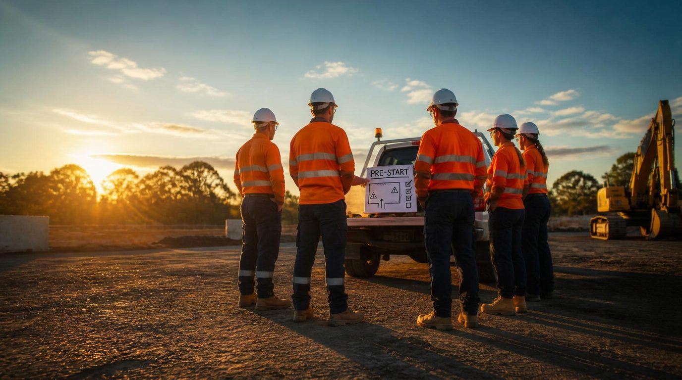 Site leaders and workers in full orange long-sleeve PPE, hard hats and safety glasses gathered for a pre-start toolbox talk at a ute tailgate on an Australian civil construction site at early morning light, no identifiable faces.