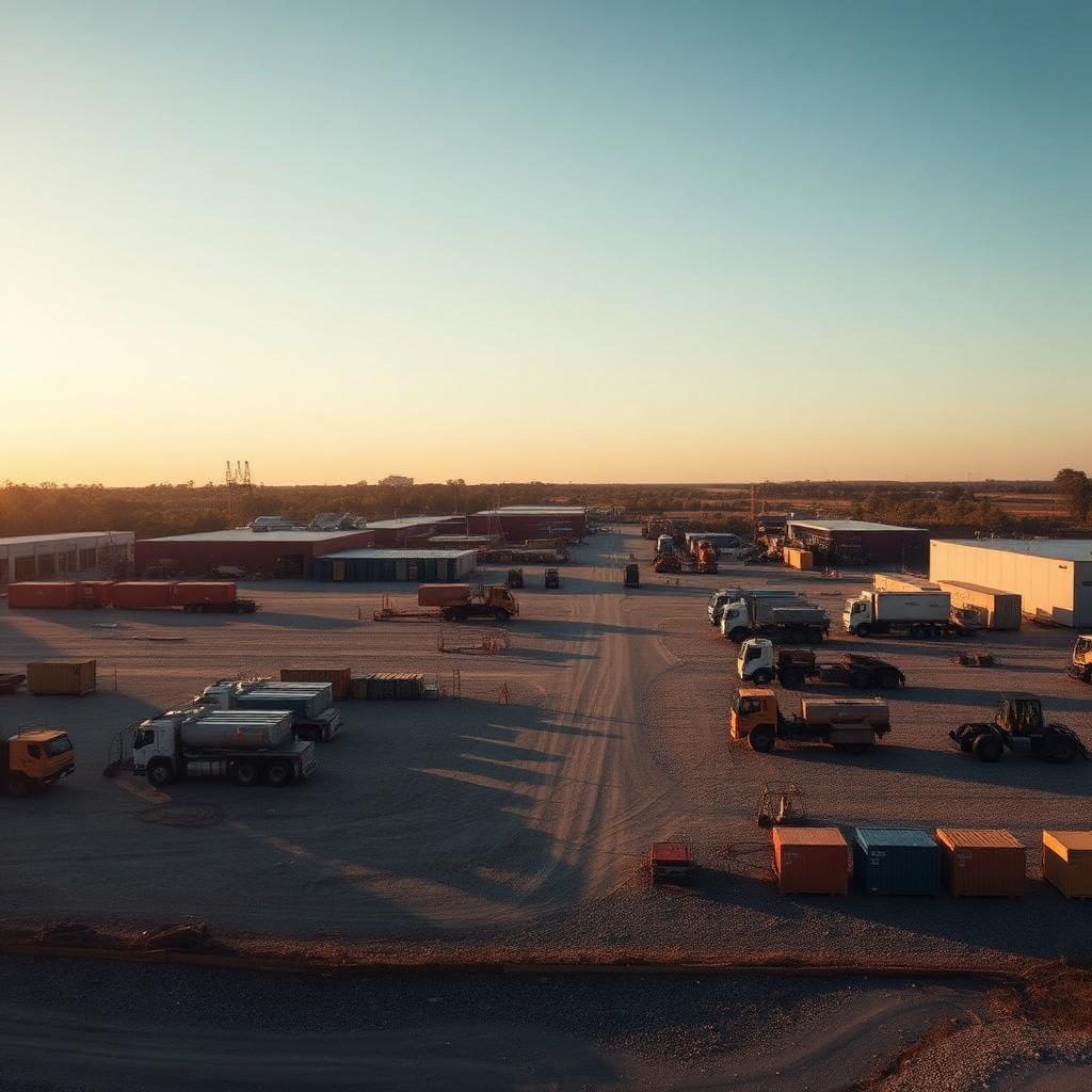 Calm, orderly overview of an Australian civil worksite compound in early morning light - plant parked, laydown area and infrastructure, signalling systems and control.