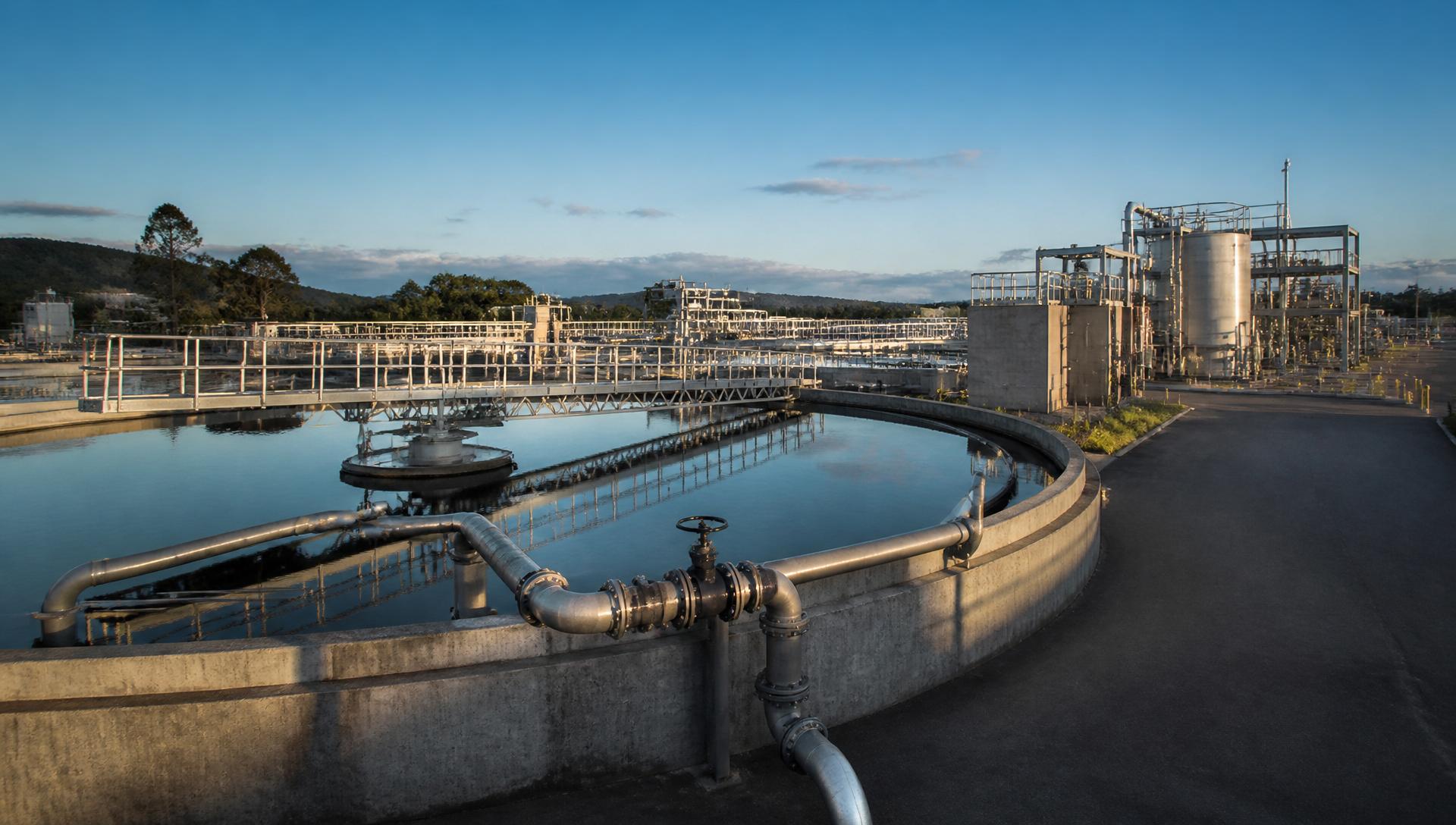 Australian water treatment plant in daylight - large circular clarifier tank with radial scraper bridge, steel pipework, valves and gantry walkways, no people.