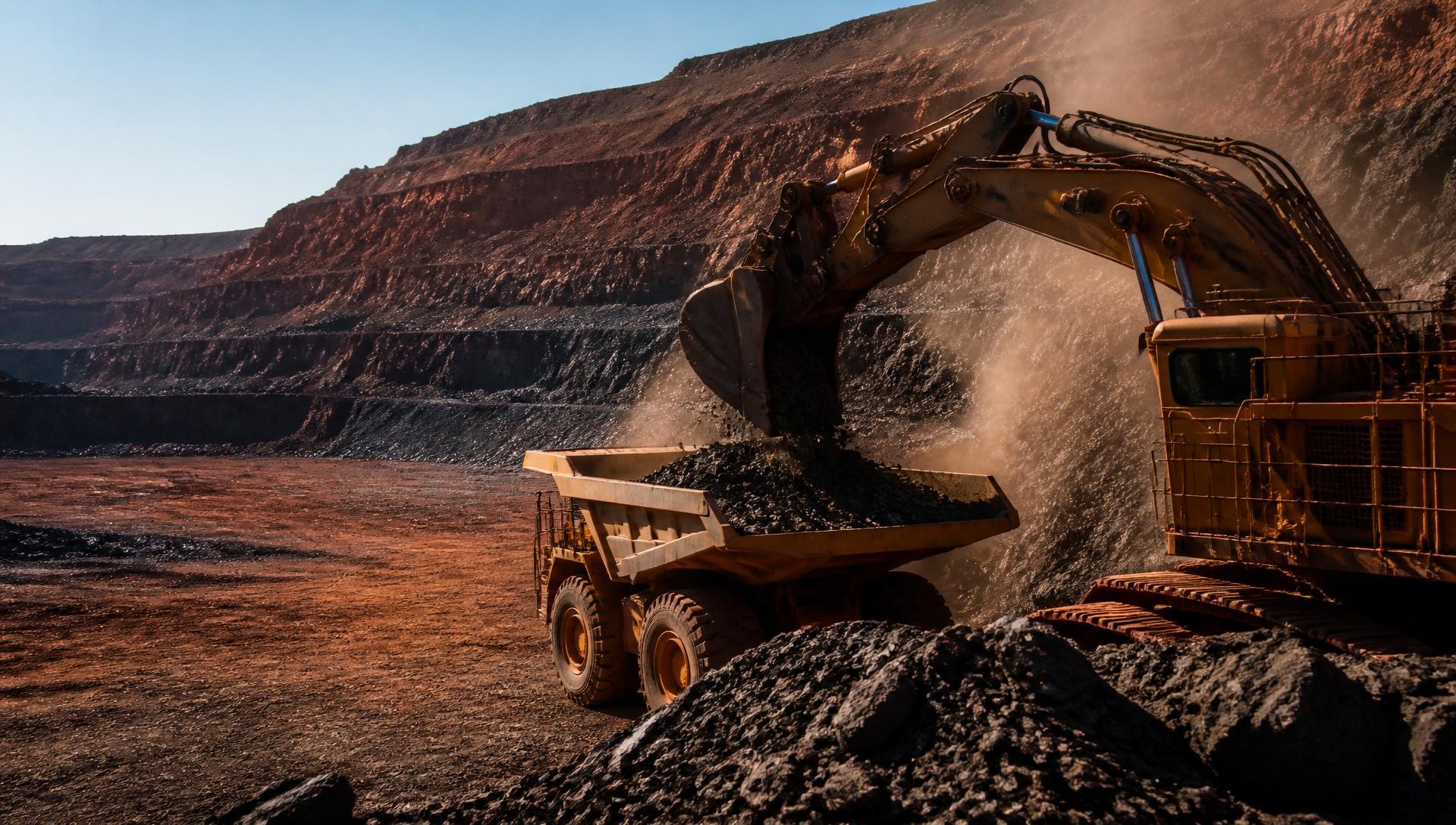 Hydraulic excavator loading a rigid haul truck at the pit face of an active Australian open-cut mine, benched red and dark strata walls behind, dust in the air, no people.
